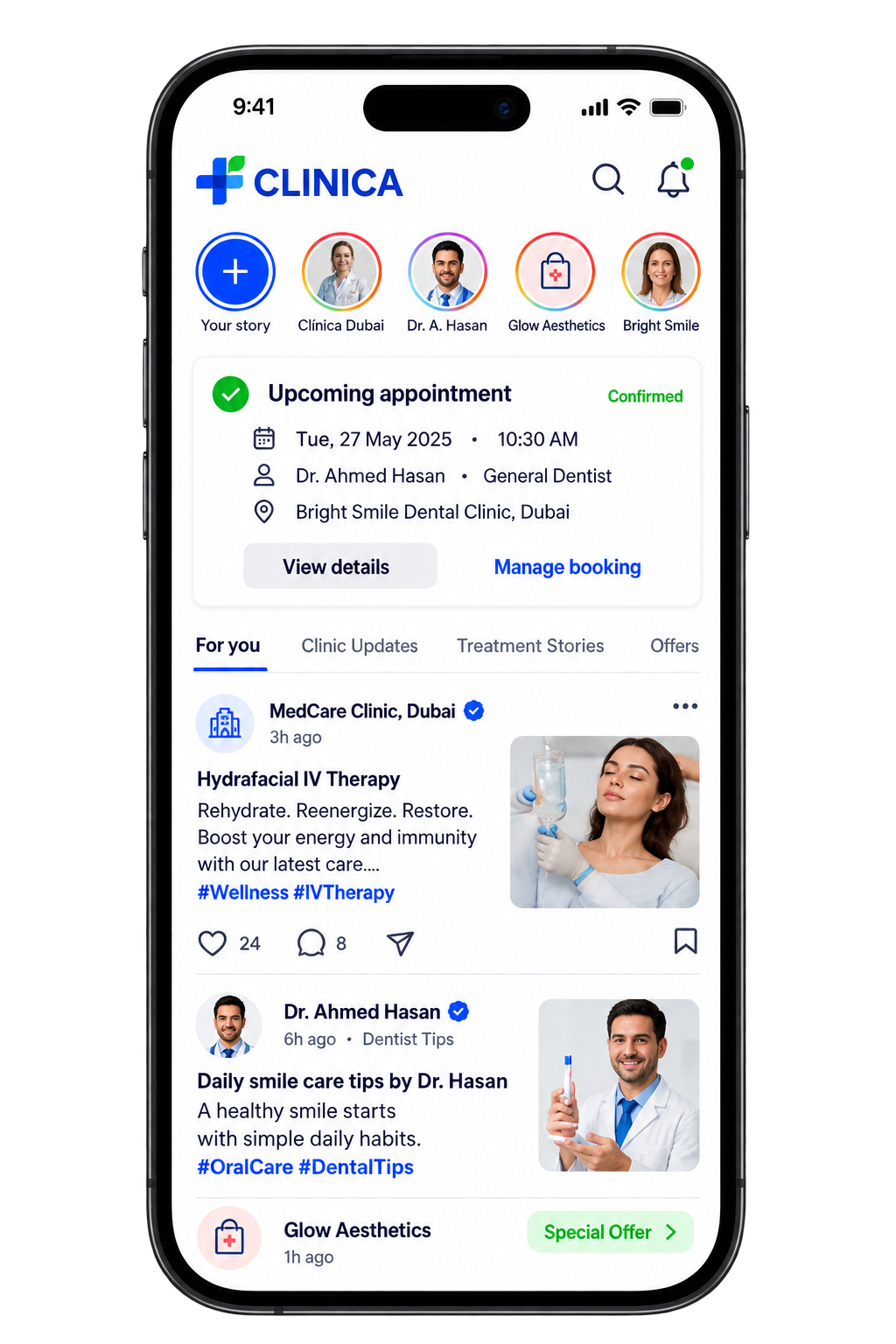 Clinica app home screen with an upcoming appointment