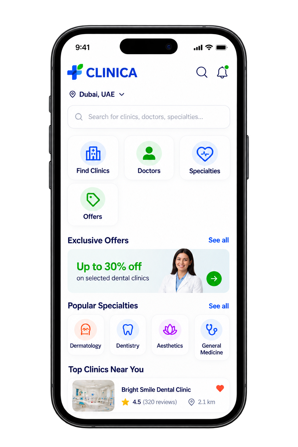 Clinica app discovery screen with doctors, specialties and offers
